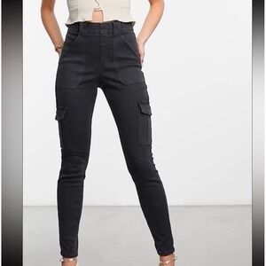 Spanx Stretch Twill Ankle Cargo Pants Black High Rise Pull On Petite Medium